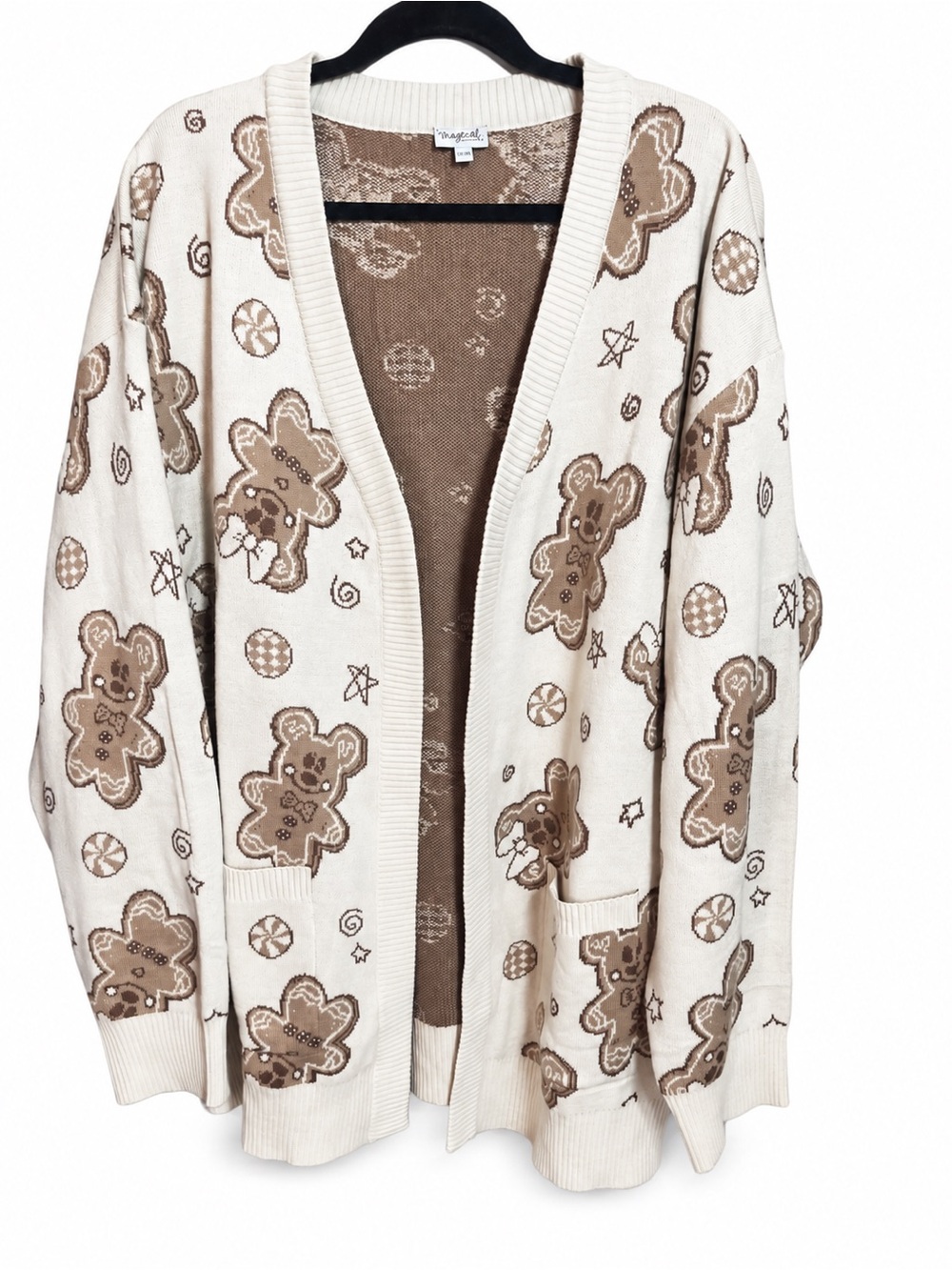 Disney Gingerbread Girl & Boy Cardigan Women’s Size 2X Cream Brown Holiday Sweat
